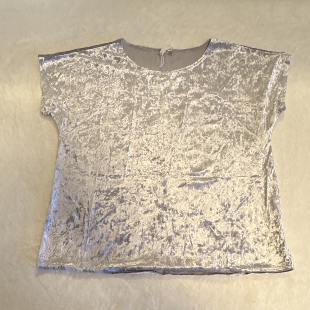 NY‎ Collection Y2K Vtg Silver Crushed Velvet Short Sleeve Top Women's Size L USA